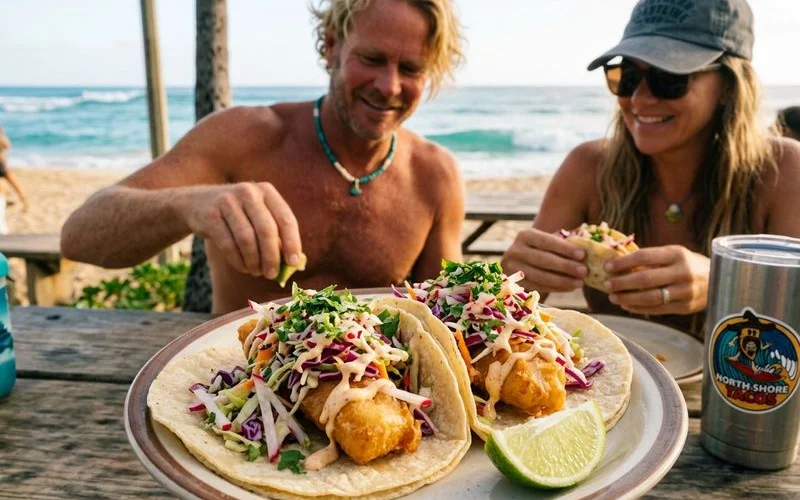 Close-up of Baja-style fish taco with fresh slaw, lime, and creamy surf sauce