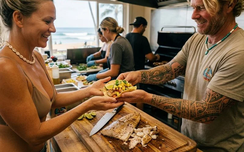 Fresh fish fillets being portioned on a cutting board in the North Shore Tacos kitchen