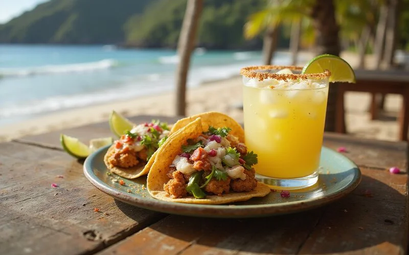 Classic lime margarita with salt rim next to a crispy Surfin' Taco
