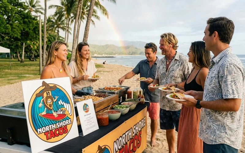 Corporate event catering with taco bar setup and colleagues mingling around food