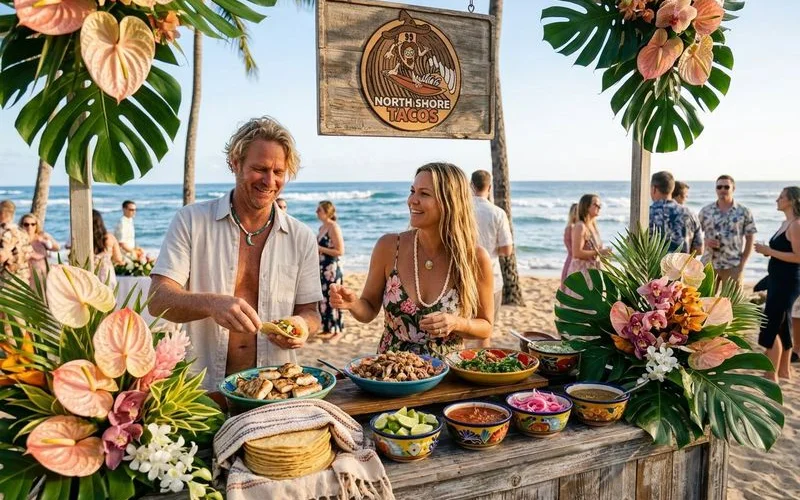 Elegant taco bar setup at an outdoor Hawaiian wedding with tropical flowers