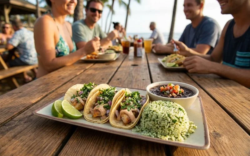 Fish taco plate with three tacos, rice, beans, and tropical salsa on the side