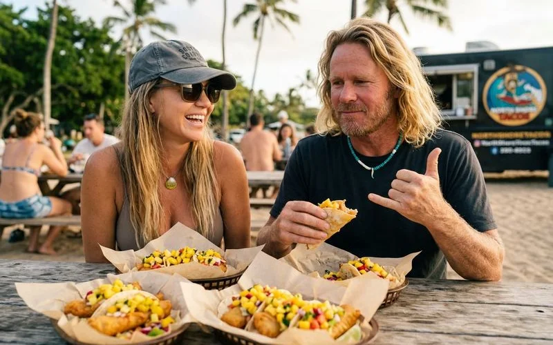 North Shore Tacos plate showing Baja-style fish tacos with Hawaiian tropical fruit salsa
