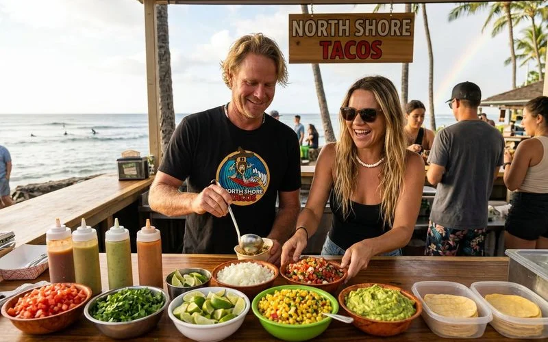 Kitchen counter with rows of fresh-made salsas, sauces, and toppings ready for service