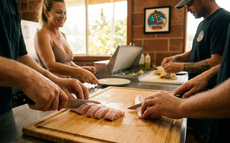 Fresh mahi-mahi fillets being prepared in the North Shore Tacos kitchen