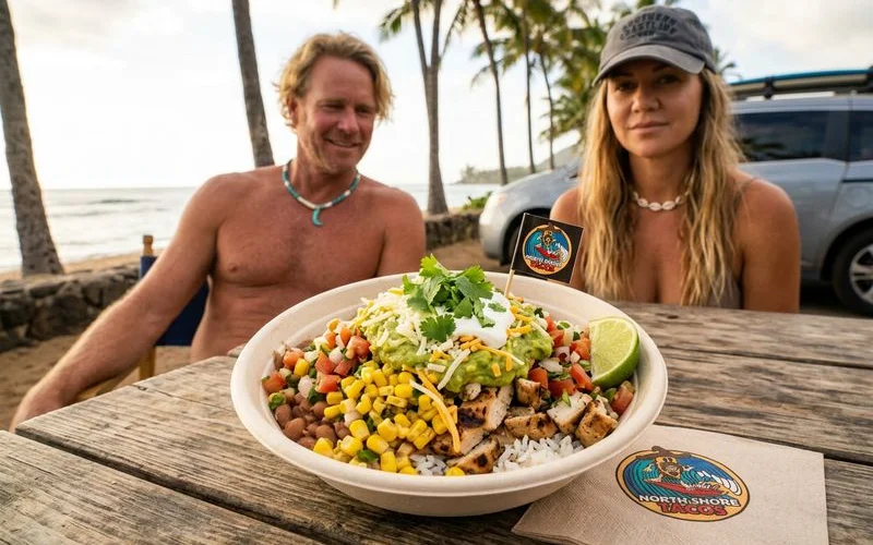 Fully loaded burrito bowl with all layers visible: rice, beans, protein, toppings, salsa