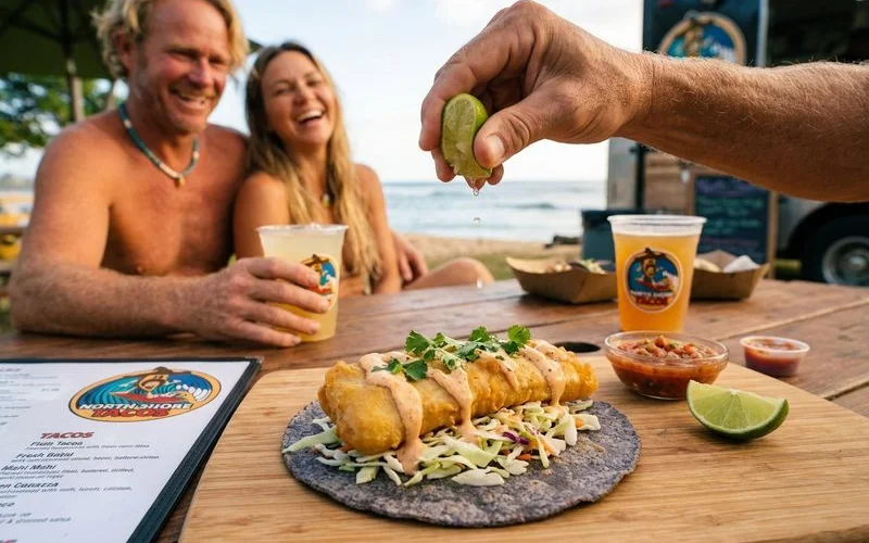 Golden beer-battered mahi-mahi fillet fresh from the fryer for fish tacos