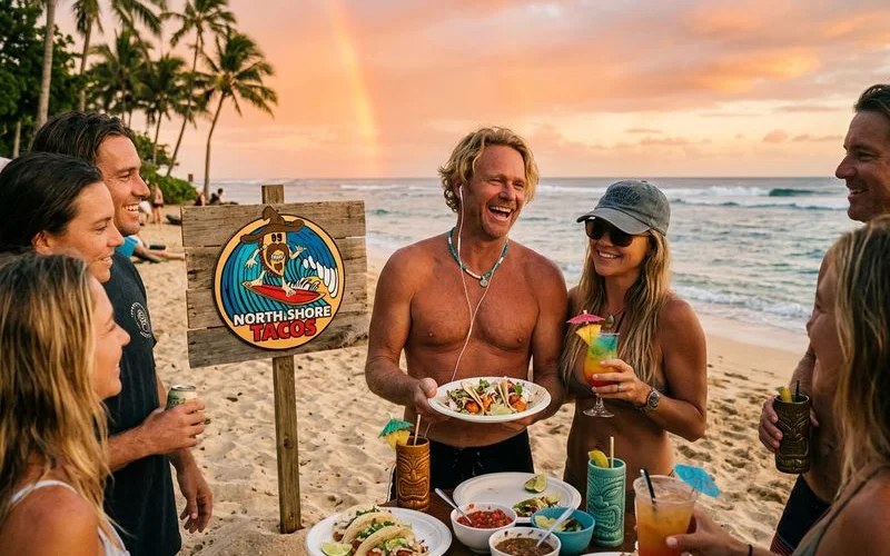 Happy group enjoying fish tacos and tropical drinks at a beach party on Oahu