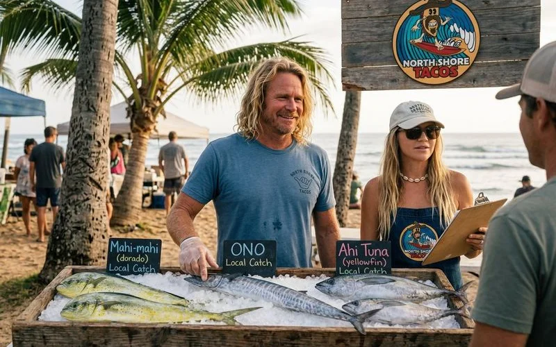 Variety of fresh Hawaiian fish species laid out on ice at a local fish market