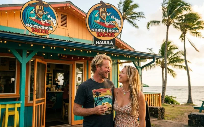 North Shore Tacos Hau'ula restaurant exterior with colorful signage and palm trees