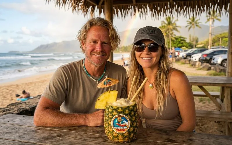 Signature Pineapple Tiki drink with pineapple wedge garnish in tropical setting