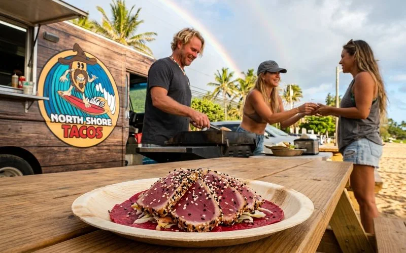 Seared ahi tuna slices with sesame seeds on a taco with Asian-fusion toppings