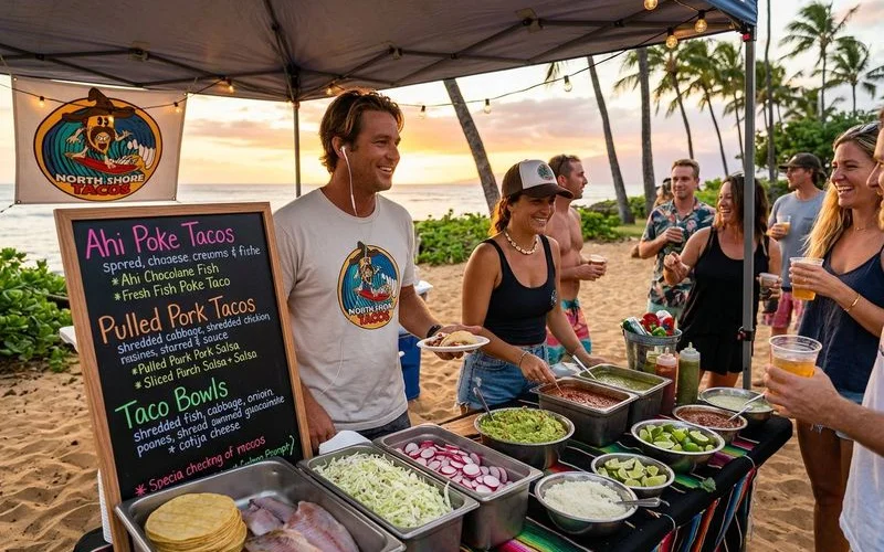 Outdoor taco catering setup with fresh ingredients, salsas, and toppings at a beach event