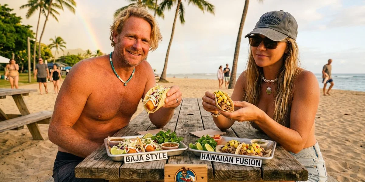 Baja-style fish tacos alongside Hawaiian-Mexican fusion dishes with tropical ingredients