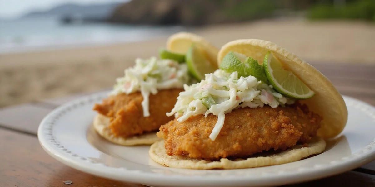 Golden crispy fish tacos with fresh slaw, lime, and surf sauce at North Shore Tacos