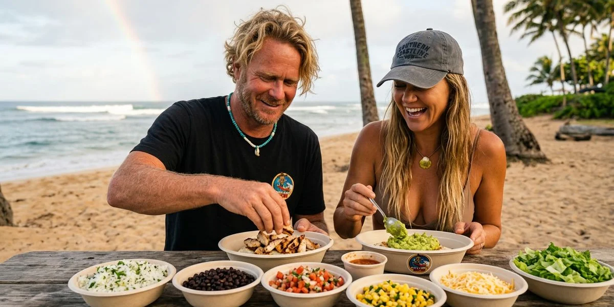 A fully loaded burrito bowl with rice, beans, grilled protein, fresh toppings and salsa