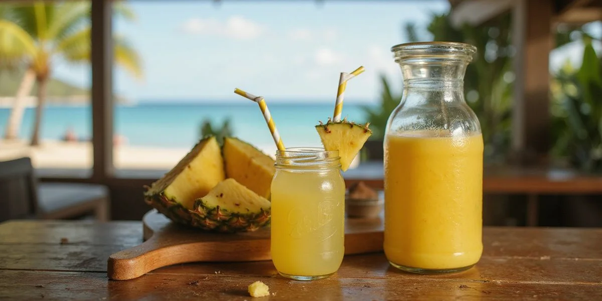 Ingredients for making a homemade Pineapple Tiki drink with fresh pineapple and coconut