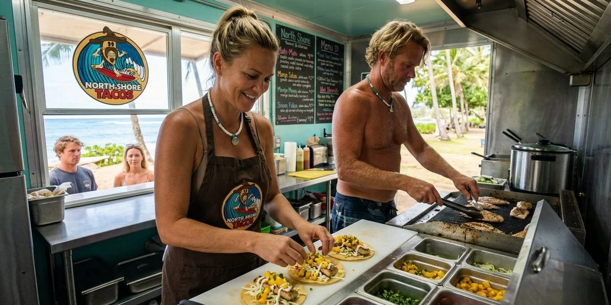 Chef assembling Surfin' Tacos with fresh fish, Baja slaw, and signature Surf Sauce