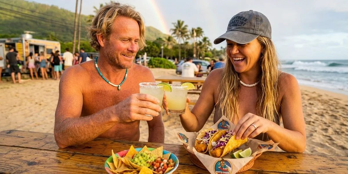 Classic lime margarita paired with fish tacos on an outdoor dining table