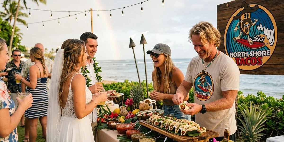 Beautiful taco catering setup at a Hawaiian wedding venue with tropical decorations