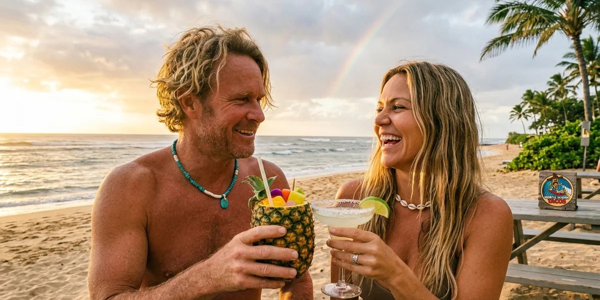 Colorful tropical drinks including Pineapple Tiki and margaritas in a Hawaiian setting