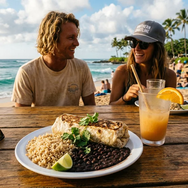 Beach burrito plate with tropical drinks